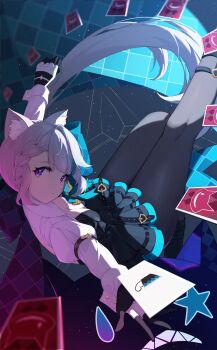 Rule 34 | 1girl, animal ear fluff, animal ears, black pantyhose, black skirt, blurry, braid, breasts, card, cat ears, chinese commentary, cleavage, commentary request, foot out of frame, full body, genshin impact, highres, looking at viewer, lynette (genshin impact), miniskirt, pantyhose, playing card, purple eyes, qi di xiong, skirt, small breasts, solo