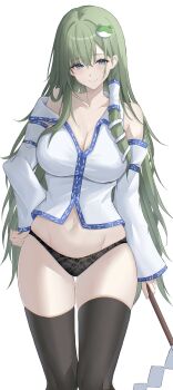 1girl 7saki absurdres bare_shoulders black_panties black_thighhighs blue_eyes blush breasts cleavage closed_mouth commentary_request detached_sleeves feet_out_of_frame floral_print floral_print_panties frog_hair_ornament gohei green_hair hair_ornament hair_tubes hand_on_own_hip highres holding holding_gohei kochiya_sanae large_breasts long_hair looking_at_viewer navel no_pants panties print_panties shirt simple_background single_hair_tube skindentation sleeveless sleeveless_shirt smile snake_hair_ornament solo standing thighhighs thighs touhou underwear white_background white_shirt white_sleeves