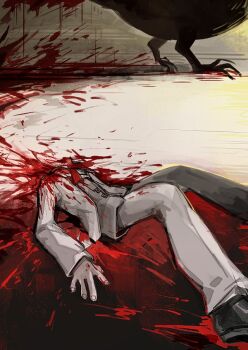 1girl big_bird_(project_moon) black_shoes blood blood_on_clothes blood_splatter coat decapitation e.g.o_(project_moon) employee_(project_moon) fingernails flaw_eight grinder_mk4_(e.g.o) lobotomy_corporation long_sleeves lying necktie nugget_(project_moon) on_back pants project_moon red_necktie shirt shoes solo white_coat white_pants white_shirt