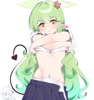 2girls ^^^ absurdres anger_vein aoba_(blue_archive) black_skirt black_tail blue_archive blush closed_mouth clothes_lift demon_girl demon_tail dithering flat_chest frown gen_(unzzenasd) gradient_hair green_hair green_halo hair_between_eyes halo hand_up hat highres hikari_(blue_archive) lifting_own_clothes loli long_hair looking_at_another looking_at_viewer multicolored_hair multiple_girls navel newsboy_cap o_o open_mouth pantyhose pleated_skirt pointy_ears shirt shirt_lift short_sleeves simple_background skirt stomach surprised tail undone_skirt undressing very_long_hair white_background white_pantyhose white_shirt yellow_eyes