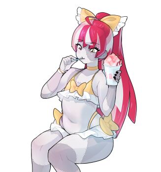 1girl absurdres ahoge alpha_transparency bikini blush bow choker closed_mouth colored_skin commentary eating english_commentary food grey_skin hair_bow highres holding holding_food hololive hololive_indonesia knee_blush kureiji_ollie long_hair morningpanda multicolored_hair navel parfait patchwork_skin pink_hair ponytail red_eyes red_hair sitting solo stitched_arm stitched_face stitched_leg stitches swimsuit thick_thighs thighs transparent_background virtual_youtuber yellow_bikini yellow_bow yellow_choker yellow_eyes