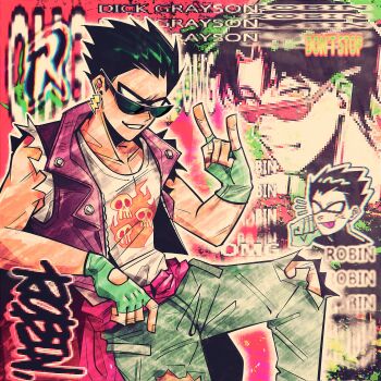 1boy black_hair dc_comics dick_grayson english_text eye_mask glasses highres huangyongshi07 jacket male_focus mask punk robin_(dc) round_eyewear shirt solo teen_titans