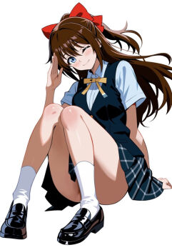 1girl ;) black_shoes black_skirt black_vest blue_eyes blue_shirt blush bow brown_hair collared_shirt commentary_request hair_between_eyes hair_bow knees_up loafers long_hair long_sleeves looking_at_viewer love_live! love_live!_nijigasaki_high_school_idol_club one_eye_closed osaka_shizuku pleated_skirt red_bow salute shirt shoes short_sleeves simple_background sitting skirt smile socks solo thighs vest white_background white_socks zaofeng