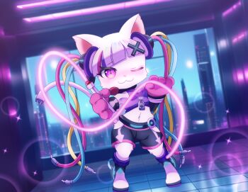 1girl :3 ai-assisted ai-generated_background animal_ears audio_jack black_shorts blunt_bangs blurry blush bokeh boots breasts cable cable_hair cat_busters cat_ears cat_girl cat_tail commentary_request crop_top cyber_fashion depth_of_field dutch_angle full_body furry furry_female glowing hair_ornament highres holding indoors jacket long_hair looking_at_viewer midriff mimi_(cat_busters) oceannuts one_eye_closed purple_eyes purple_jacket shorts shortstack small_breasts smile solo sparkle standing tail twintails very_long_hair white_fur white_hair wide_hips x_hair_ornament zipper