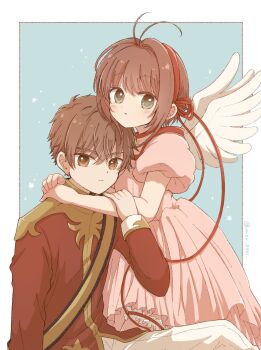 Rule 34 | 1boy, 1girl, antenna hair, blue background, blush, border, brown eyes, brown hair, cardcaptor sakura, closed mouth, commentary, dress, green eyes, hairband, hand on another's arm, highres, jacket, kinomoto sakura, li syaoran, long sleeves, looking at viewer, mizu 0401, outside border, pants, parted lips, pink dress, puffy short sleeves, puffy sleeves, red hairband, red jacket, short hair, short sleeves, simple background, untranslatable commentary, twitter username, white border, white pants