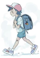 Rule 34 | 1boy, aihara (ihara113o), ash ketchum, backpack, bag, bandaid, bandaid on leg, baseball cap, blue shirt, closed mouth, commentary request, creatures (company), full body, game freak, hat, highres, male focus, nintendo, pokemon, purple footwear, shirt, shorts, simple background, solo, standing, white background