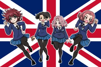 Rule 34 | 4girls, black necktie, black pantyhose, blush, braid, breasts, brown eyes, closed mouth, commentary request, cranberry (girls und panzer), earrings, embarrassed, emblem, eyeshadow, full body, girls und panzer, green eyes, jewelry, large breasts, looking at viewer, makeup, medium hair, messy hair, miniskirt, multiple girls, necktie, open mouth, pantyhose, peach (girls und panzer), pink background, pink hair, pleated skirt, red hair, rosehip (girls und panzer), running, school uniform, simple background, skirt, small breasts, smile, st. gloriana's (emblem), st. gloriana's school uniform, takahashi kurage, union jack, vanilla (girls und panzer)