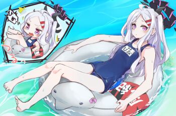1girl ahoge barefoot blue_archive blush breasts chibi commentary_request day halo highres hina_(blue_archive) hina_(swimsuit)_(blue_archive) innertube kitsunebi_ao long_hair looking_at_viewer ocean old_school_swimsuit outdoors purple_eyes school_swimsuit small_breasts swim_ring swimsuit white_hair