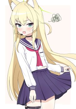Rule 34 | 1girl, :d, absurdres, animal ear fluff, animal ears, artist name, bandaid, bandaid on stomach, black choker, black sailor collar, black skirt, blonde hair, blue archive, blush, border, choker, commentary, cowboy shot, dark skin, fang, fox ears, fox girl, green eyes, hair between eyes, hairclip (user rasc5457), highres, kurumi (blue archive), long hair, long sleeves, looking at viewer, midriff peek, miniskirt, neckerchief, open mouth, outside border, pink background, pleated skirt, red neckerchief, sailor collar, school uniform, serafuku, shirt, shy, sidelocks, simple background, skin fang, skirt, skirt hold, smile, solo, squiggle, straight hair, sweatdrop, thigh strap, two side up, v-shaped eyebrows, very long hair, white border, white shirt