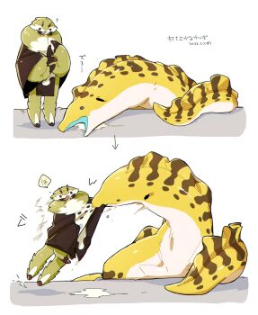 1other androgynous animal antennae arrow_(symbol) black_coat claws clothes_grab coat dated eel full_body furry highres moray_eel motion_lines open_mouth original oversized_animal pulling sannota272 sequential solid_circle_eyes speech_bubble standing white_background