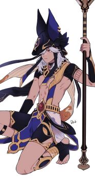 Rule 34 | 1boy, ancient egyptian clothes, animal ears, animal hat, artist name, black hat, black shorts, choker, closed mouth, cyno (genshin impact), dark-skinned male, dark skin, full body, genshin impact, hair over one eye, hat, highres, holding, holding polearm, holding weapon, jackal ears, jewelry, korean commentary, long hair, looking at viewer, male focus, one eye covered, polearm, red eyes, shorts, simple background, solo, to dot , weapon, white background, white hair