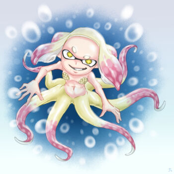 Rule 34 | 1girl, air bubble, bra, bubble, from above, monster girl, namuro, nintendo, pearl (splatoon), scylla, shelf bra, splatoon (series), splatoon 2, underwater, underwear, yellow eyes
