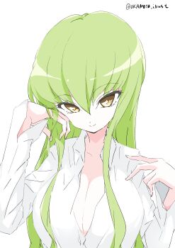 1girl absurdres breasts c.c. cleavage closed_mouth code_geass collared_shirt green_hair hair_between_eyes hand_in_own_hair highres large_breasts long_hair looking_at_viewer open_clothes open_shirt partially_unbuttoned shirt signature simple_background smile solo twitter_username unbuttoned_sleeves very_long_hair white_background white_gorilla_(okamoto) white_shirt yellow_eyes