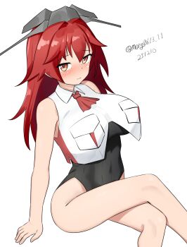 Rule 34 | 1girl, absurdres, ascot, black leotard, breasts, commentary request, covered navel, crossed legs, dated, headgear, highleg, highleg leotard, highres, kantai collection, large breasts, leotard, long hair, maru (marg0613), one-hour drawing challenge, phoenix (kancolle), red ascot, red eyes, red hair, shirt, sitting, sleeveless, sleeveless shirt, solo, twitter username