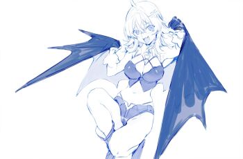 1girl bat_wings fang greyscale monochrome olys original shorts solo squatting wings