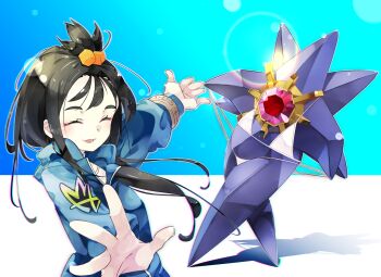 1girl bikini black_hair blue_hoodie closed_eyes clothed_pokemon commentary cube_hair_ornament gen_1_pokemon gorilla_(bun0615) hair_ornament highres hood hoodie lida_(pokemon) long_hair mega_starmie nintendo outstretched_arm pokemon pokemon_(creature) pokemon_legends:_z-a smile starmie swimsuit white_bikini