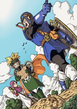 1girl 2boys blonde_hair blue_eyes blue_gloves blue_hat blue_sky brown_eyes cape cloud commentary_request dragon_quest dragon_quest_ii dress dutch_angle elbow_gloves gloves goggles goggles_on_head goggles_on_headwear green_gloves green_tabard hat highres holding holding_map holding_shield holding_staff lee_(dragon_garou) lizard long_dress map mountain multiple_boys open_mouth orange_cape pink_hat pointing prince_of_lorasia prince_of_samantoria princess_of_moonbrook reading shield sky staff sword sword_on_back tabard weapon weapon_on_back white_dress