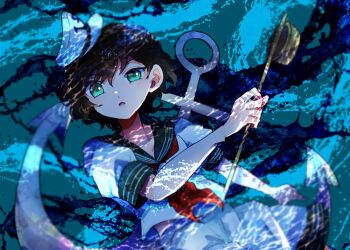 1girl anchor ascot black_hair collarbone commentary_request green_eyes hat itomugi-kun looking_at_viewer murasa_minamitsu open_mouth red_ascot sailor sailor_collar sailor_hat shirt short_hair short_sleeves shorts solo touhou underwater
