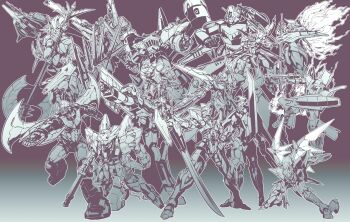 aiming arm_blade arm_cannon axe battle_axe bazooka_(gundam) beam_rifle cable caterpillar_tracks caution_tape char&#039;s_counterattack choudenji_robo_combattler_v clenched_hand clenched_hands code_geass code_geass:_fukkatsu_no_lelouch combattler_v_(robot) dagger dann_of_thursday drill dual_wielding energy_gun energy_wings extra_arms fiery_wings fin_funnels fire floating flying from_behind from_below funnels_(gundam) gaogaigo gattai getter_robo getter_robo_daikessen! greyscale gridman_(character) gridman_(ssss) gridman_universe gun gundam gundam_narrative gunxsword hakaiou:_gaogaigar_vs._betterman highres holding holding_axe holding_dagger holding_gun holding_knife holding_sword holding_weapon huckebein_30 ikaruga_(knight&#039;s_&amp;_magic) j-decker juusenki_l-gaim kato_takuji knife knight&#039;s_&amp;_magic l-gaim lancelot_(code_geass) lancelot_sin leaning_forward looking_ahead looking_down looking_to_the_side looking_up magic_knight_rayearth majestic_prince mashin mazinger_(series) mazinger_z mazinger_z:_infinity mazinger_z_(mecha) mecha mechanical_wings mobile_suit monochrome narrative_gundam narrative_gundam_a-packs no_humans nu_gundam open_hand open_hands pelvic_curtain pointing rayearth_(character) red_five robot running science_fiction shield shin_getter_dragon shin_getter_robo ssss.gridman standing super_robot super_robot_wars super_robot_wars_30 sword v-fin v_gundam victory_gundam weapon wheel white_eyes wings yuusha_keisatsu_j-decker yuusha_ou_gaogaigar yuusha_series zeta_gundam zeta_gundam_(mobile_suit)