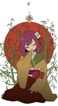 Rule 34 | 1girl, absurdres, bamboo, bow, closed eyes, covering own mouth, flower, green kimono, guozimiao, hair flower, hair ornament, hakama, hakama skirt, hieda no akyuu, highres, japanese clothes, kimono, layered kimono, long sleeves, purple hair, red bow, red hakama, red ribbon, red sun, ribbon, skirt, touhou, white background, yellow kimono
