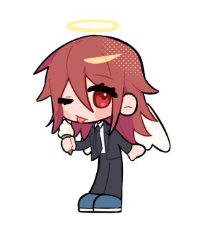 1boy angel_devil_(chainsaw_man) black_necktie black_pants blue_shoes chainsaw_man collared_shirt commentary full_body hair_between_eyes halo holding holding_ice_cream_cone hpop_3 ice_cream_cone jacket long_hair looking_at_viewer male_focus necktie one_eye_closed pants shirt shoes solo suit_jacket symbol-only_commentary tongue tongue_out transparent_background white_shirt white_wings wings