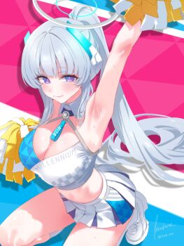 Rule 34 | 1girl, alternate costume, arm up, armpits, bare shoulders, blue archive, blush, breasts, cheerleader, cleavage, closed mouth, crop top, detached collar, halo, headgear, high ponytail, highres, holding, holding pom poms, itsk ne, large breasts, long hair, looking at viewer, mechanical halo, millennium cheerleader outfit (blue archive), noa (blue archive), pleated skirt, pom pom (cheerleading), pom poms, ponytail, purple eyes, shoes, signature, skirt, smile, sneakers, solo, sports bra, squatting, sweat, text print, two-tone sports bra, very long hair, white hair, white halo, white shoes, white skirt