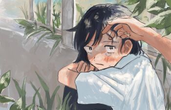 1girl 1other bad_id bad_twitter_id black_eyes black_hair blush closed_mouth collared_shirt commentary crying crying_with_eyes_open futsuu_no_keion-bu grass hand_in_another&#039;s_hair hatono_chihiro knees_up leaf mumei_natsuko out_of_frame painterly railing shirt short_hair short_sleeves sitting tears white_shirt