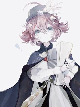 ! 1girl :o bird_hair_ornament black_cape black_hat blue_eyes bow bowtie box brown_hair cape coat dress envelope flower flutterpage flutterpage_(gently_comes_the_thawing_breeze) hair_flower hair_ornament hat highres holding holding_box holding_envelope hugging_object juliet_sleeves lily_of_the_valley long_sleeves official_alternate_costume puffy_sleeves rainyam6 reverse:1999 short_twintails solo twintails upper_body white_background white_bow white_bowtie white_coat white_dress white_flower