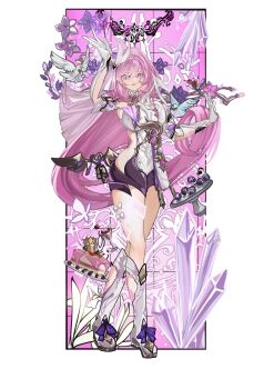 1girl absurdres bell bird black_shorts boots breasts cherry chinese_commentary cocktail_glass commentary_request corset cup diamond-shaped_pupils diamond_(shape) dove drinking_glass elysia_(herrscher_of_human:_ego)_(honkai_impact) elysia_(honkai_impact) food fruit gloves highres honkai_(series) honkai_impact_3rd large_breasts long_hair pink_hair purple_eyes short_shorts shorts simple_background solo symbol-shaped_pupils thighs veil very_long_hair white_background white_boots white_corset white_gloves white_veil zedbxl