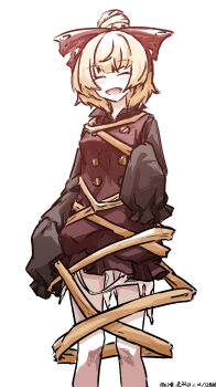 Rule 34 | 1girl, absurdres, blonde hair, bow, brown dress, closed eyes, commentary request, dated, dress, facing viewer, hair bow, hair bun, highres, kurodani yamame, long sleeves, one-hour drawing challenge, open mouth, short hair, simple background, sleeves past fingers, sleeves past wrists, solo, touhou, ve1024, white background