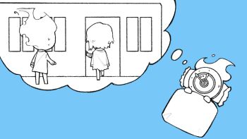 1girl 1other blanket blue_background chibi chibi_only clock coat coat_on_shoulders commentary dante_(limbus_company) dated_commentary dreaming faust_(project_moon) fire flaming_head greyscale_with_colored_background hands_up highres ivy_(675671) limbus_company mephistopheles_(project_moon) object_head pillow project_moon short_hair simple_background speech_bubble sweat symbol-only_commentary thought_bubble walking