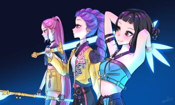 Rule 34 | 3girls, arm strap, black hair, blush, braid, braided ponytail, brown eyes, choker, commentary, crop top, double bun, eyeshadow, fingerless gloves, gloves, hair bun, halterneck, highres, holding, holding polearm, holding sword, holding weapon, jacket, kpop demon hunters, long hair, looking ahead, makeup, mascara, minaakarui, mira (kpop demon hunters), multiple girls, pink hair, polearm, profile, purple eyeshadow, purple hair, rumi (kpop demon hunters), short bangs, sidelocks, skirt, smile, sword, turtleneck, weapon, yellow skirt, zoey (kpop demon hunters)