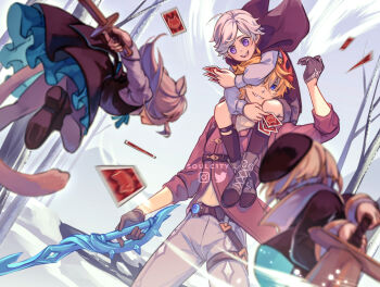 1girl 3boys :d aged_down animal_ears artist_name bare_tree belt beret black_belt black_gloves black_hat black_jacket black_skirt black_socks black_vest blonde_hair blue_eyes blush boots brother_and_sister brothers brown_boots card cat_ears cat_girl cat_tail chest_harness collared_shirt commentary crossed_bangs day english_commentary facing_away freminet_(genshin_impact) frilled_skirt frills from_behind genshin_impact gloves greatsword grey_hair grey_pants grey_shorts grin hair_between_eyes half_gloves hand_up harness hat head_hug holding holding_card holding_sword holding_weapon instagram_logo jacket kneehighs long_hair long_sleeves lynette_(genshin_impact) lyney_(genshin_impact) mask mask_on_head mountainous_horizon multiple_boys open_mouth orange_hair outdoors pants playing_card pleated_skirt purple_eyes red_mask red_shirt shirt short_hair shorts siblings skirt slashing sleeve_cuffs sleeves_rolled_up smile snow socks soulc1ty standing swept_bangs sword tail tartaglia_(genshin_impact) teeth thigh_strap tree twitter_logo upper_teeth_only vest vision_(genshin_impact) weapon white_shirt winter