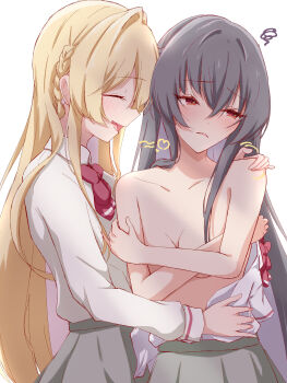 Rule 34 | 2girls, absurdres, ashigaya high school uniform, black hair, blonde hair, blush, bow, bowtie, braid, closed eyes, commentary request, grey skirt, hand on another's shoulder, highres, karabina, koto satsuki, long hair, multiple girls, open mouth, ouzuka mai, red bow, red bowtie, red eyes, school uniform, shirt, side braid, simple background, skirt, smile, squiggle, topless female, undressing another, watashi ga koibito ni nareru wake naijan murimuri!, white background, white shirt, yuri
