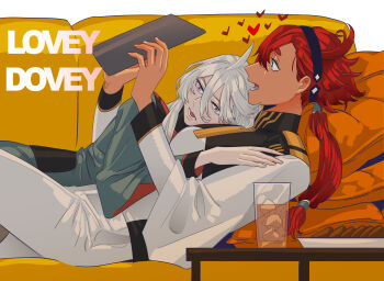 2girls absurdres asticassia_school_uniform black_hairband blue_eyes commentary_request cookie couch cup cushion dark-skinned_female dark_skin drinking_glass english_text food green_jacket grey_eyes gundam gundam_suisei_no_majo hairband hand_on_another&#039;s_shoulder heart highres holding holding_tablet_pc jacket korean_commentary long_hair long_sleeves lying lying_on_person miorine_rembran multiple_girls necktie on_back on_couch on_side open_mouth pants plate red_hair school_uniform snapagi suletta_mercury tablet_pc white_hair white_jacket white_pants yellow_necktie yuri