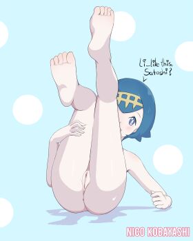 1girl anus ass blue_eyes blue_hair cleft_of_venus feet highres lana_(pokemon) legs_up medium_hair nico_kobayashi nintendo nude pokemon pokemon_(anime) pokemon_sm_(anime) pussy soles solo toes uncensored