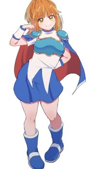 1girl absurdres arle_nadja arm_behind_back arm_warmers armor armored_dress blue_boots blue_skirt blush boots breastplate brown_eyes brown_hair cape commentary_request dress half_updo highres madou_monogatari multicolored_boots ponytail puyopuyo shoulder_armor signature simple_background skirt smile solo tamamiyau twitter_username two-tone_boots two-tone_cape