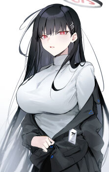 Rule 34 | 1girl, absurdres, black hair, blazer, blue archive, breasts, dantyou2525, halo, highres, jacket, large breasts, long hair, looking at viewer, off shoulder, parted lips, pleated skirt, red eyes, ringed eyes, rio (blue archive), simple background, skirt, solo, sweater, turtleneck, turtleneck sweater, very long hair, white background