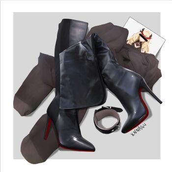 1girl artist_name bar_censor black_dress black_footwear black_pantyhose blindfold blonde_hair boots border breasts censored censored_identity covered_eyes dress grey_background high_heel_boots high_heels horns long_hair pantyhose photo_(object) solo stiletto_heels xnnagu