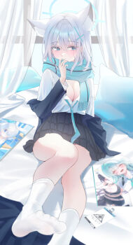 1girl absurdres animal_ear_fluff animal_ears aqua_scarf arona_(blue_archive) averting_eyes bed_sheet black_jacket black_skirt blue_archive blush breasts cleavage commentary cross_hair_ornament extra_ears grey_hair hair_ornament halo hare_(hare_1730) highres id_card indoors jacket jacket_partially_removed kneehighs manga_(object) medium_breasts plaid_clothes plaid_skirt scarf serika_(blue_archive) shiroko_(blue_archive) shirt sitting skirt socks solo sweatdrop white_shirt white_socks wolf_ears yume_(blue_archive)
