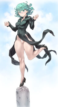 Rule 34 | 1girl, bare legs, blush, breasts, collared dress, covered navel, dress, female focus, full body, green eyes, green hair, high heels, highres, looking at viewer, matching hair/eyes, medium breasts, mogudan, one-punch man, panties, pantyshot, short hair, solo, tatsumaki, thick thighs, thighs, thong, underwear, wide hips