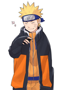 1boy blonde_hair blue_headband closed_eyes commentary_request facial_mark forehead_protector headband jacket kamosuke konohagakure_symbol male_focus naruto_(classic) naruto_(series) naruto_shippuuden orange_jacket oversized_clothes sleeves_past_wrists smile solo upper_body uzumaki_naruto whisker_markings