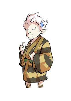 Rule 34 | 1boy, alphes (style), black eyes, bottle, commentary request, dairi, full body, hand on own stomach, holding, holding bottle, japanese clothes, kimono, large variant set, male focus, old, old man, parody, pointy ears, sandals, short hair, solo, standing, striped clothes, striped kimono, style parody, tachi-e, touhou, transparent background, uwabami (touhou), variant set