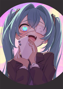 1girl aqua_hair blush brat_(brabrabrat00) brown_jacket cellphone commentary_request eyepatch hatsune_miku heart heart-shaped_pupils highres holding holding_phone jacket long_hair long_sleeves looking_at_viewer monitoring_(vocaloid) open_mouth phone pov_peephole smartphone solo symbol-shaped_pupils teeth tongue twintails upper_body upper_teeth_only