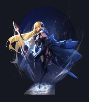 1girl absurdres bare_shoulders beeeeen belt belt_buckle black_background black_belt black_boots black_dress black_gloves black_horns black_panties black_thighhighs blonde_hair blue_eyes boots breasts buckle cleavage clenched_teeth clothes_lift commentary_request commission cryokinesis demon_horns dress elbow_gloves elf eye_trail fighting_stance flask floating_hair full_body garter_straps gloves groin hair_between_eyes halter_dress halterneck hand_up highres holding holding_polearm holding_weapon horns ice knee_boots large_breasts leg_up light_trail long_bangs long_hair looking_at_viewer motion_blur original outstretched_arm panties parted_lips pelvic_curtain pelvic_curtain_lift pixiv_commission pointy_ears polearm round-bottom_flask simple_background sleeveless sleeveless_dress snow solo spear standing standing_on_one_leg teeth thighhighs two-handed underwear v-shaped_eyebrows very_long_hair weapon wide-eyed