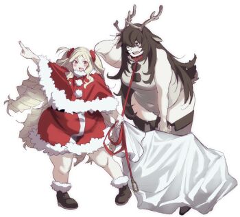 2girls animal_costume antlers bags_under_eyes belt_collar black_boots black_hair black_thighhighs blonde_hair blush boots brown_eyes capelet choker christmas collar covered_navel dress drill_hair fang fat fat_woman fur-trimmed_boots fur-trimmed_capelet fur-trimmed_dress fur_trim grey_leotard hair_over_one_eye height_difference holding holding_leash holding_sack horns leaning_forward leash leotard long_hair messy_hair multiple_girls one_eye_covered open_mouth original plump pointing red_capelet red_choker red_dress red_eyes red_scrunchie reindeer_costume sack santa_costume santa_dress scrunchie sleeveless standing sweat tail thighhighs two_side_up white_background yoko_koyoyo