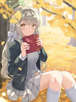 1girl akaya_(pixiv20545353) black_jacket blazer blue_archive blurry blurry_background blurry_foreground book bow brown_eyes closed_mouth collared_shirt commentary_request day depth_of_field feet_out_of_frame ginkgo_leaf grey_hair grey_skirt hair_bow hair_intakes halo highres holding holding_book jacket knees_together_feet_apart knees_up leaf long_hair long_sleeves looking_at_viewer miyo_(blue_archive) open_book open_clothes open_jacket outdoors shirt sitting skirt smile socks solo sweater_vest tree very_long_hair white_bow white_shirt white_socks