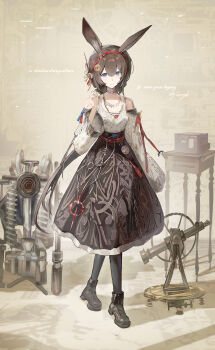 Rule 34 | 1girl, absurdres, amiya (arknights), animal ears, arknights, black boots, black pantyhose, blue eyes, boots, brown hair, brown skirt, closed mouth, commentary, detached sleeves, english commentary, full body, hair between eyes, hairband, high-waist skirt, highres, jewelry, long hair, looking at viewer, low ponytail, necklace, pantyhose, ponytail, rabbit ears, rabbit girl, red hairband, saraph se la, shirt, skirt, smile, solo, white shirt, wide sleeves