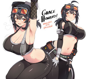 1girl :d ahoge arm_up armpits asymmetrical_gloves belt black_hair black_pants blush breasts character_name cleavage closed_mouth commentary crop_top eyewear_on_head fingerless_gloves gloves goggles goggles_on_head grace_howard highres jarckius large_breasts looking_at_viewer low_ponytail midriff mismatched_gloves multiple_views navel open_mouth pants ponytail red_eyes simple_background single_fingerless_glove smile stomach sweat white_background zenless_zone_zero