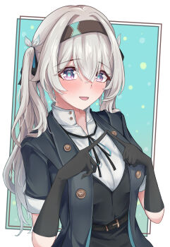 1girl belt black_gloves black_hairband black_jacket blue_pupils blush breasts buttons collared_shirt commentary_request elbow_gloves firefly_(honkai:_star_rail) firefly_(jepella_rebellion)_(honkai:_star_rail) gloves grey_hair hair_between_eyes hair_intakes hair_ornament hairband highres honkai:_star_rail honkai_(series) jacket long_hair looking_at_viewer medium_breasts official_alternate_costume open_clothes open_jacket purple_eyes shirt smile solo tefutefufu twintails upper_body white_shirt